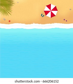 sea beach with waves and red umbrella. bright background with beach for sea resort