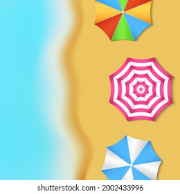 A sea beach with waves and umbrellas. Vector illustration