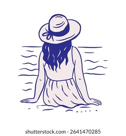 Sea Beach Woman Travel Vacation Summer Sketch Whimsical Doodle Cartoon Illustration