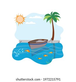 Sea, beach and wooden boat with oars, palm tree on the cost. Shore with swimming gold fish, sea waves, ocean, horizon and blue sky. Mediterranean cost. Summer holiday. Flat vector illustration