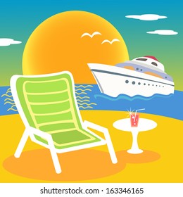 Sea, beach and yacht at the sunset vector illustration scene