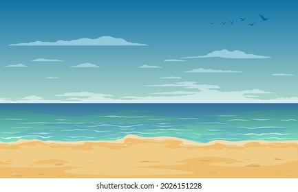 Sea beach with yellow sand, small stones and blue sky with clouds