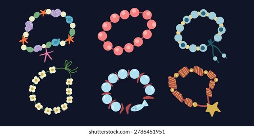 Sea Beaded Bracelets Vector Set Isolated on Dark Background. Summer Bracelets made of pebbles, sea shells, beads