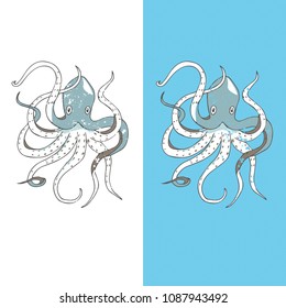 Sea beast character vector illustration drawing geometric cute animal polar ocean face octopus eyes funny sea life color white and black Antarctica deep blue art winter similar on white background