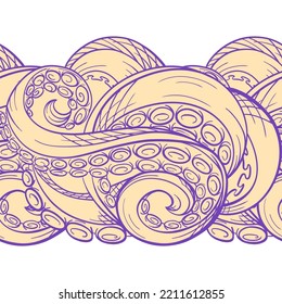 Sea beast tentacles vector horizontal seamless border.