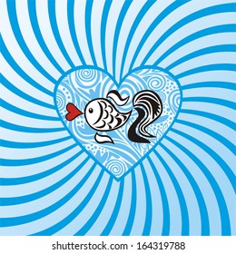 Sea beautiful cartoon fish heart wave pattern round design element vector illustration