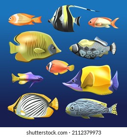 Bonita colección de peces del mar aislada en un fondo blanco. Pescado de diseño plano. Ilustración vectorial, peces. Colección de peces. Acuario de peces planos modernos. Peces acuarios