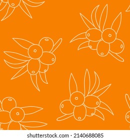 Sea ​​buckthorn Berry Outline Seamless Pattern. Fruit Yellow Background. Vector Food Simple Illustration. 