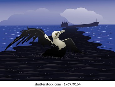 Sea Bird Dies In An Oil Spill On The Background Of The Sinking Of The Tanker.