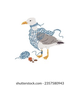 Sea bird entangled in rope flat style, vector illustration isolated on white background. Decorative design element, sea and ocean pollution concept, ecological problem