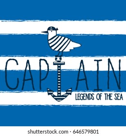 sea bird on striped background, captain legends of the sea, T-shirt design for kids vector illustration