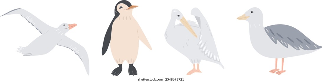 Pássaros do mar. Animais sorridentes lindos, pinguim, albatroz, pelicano, gaivota. Ilustração desenhada à mão vetorial.