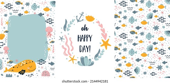Sea birthday invitation card set Kid birthday party under the sea theme invitation template collection. Cute marine life cartoon character fish whale background Ocean party invite vector illustration. svg