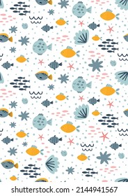 Sea birthday invitation seamless pattern. Kids birthday party underwater background. Ocean life card template. Cute marine life corals reef fish cartoon banner. Ocean textile print vector illustration
