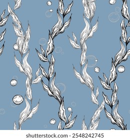 Sea blue algae with leaves wriggling in a wave with bubbles. Graphic illustration hand drawn in black ink. Seamless pattern EPS vector on a blue background for fabric, textile, prints, design.