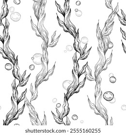 Sea blue algae with leaves wriggling in a wave with bubbles. Graphic illustration hand drawn in black ink. Seamless pattern EPS vector on a white background for fabric, textile, prints, design.