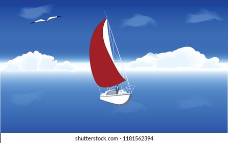 Sea blue, boat, scarlet sail, sky, clouds on the horizon, seagull - art illustration - vector