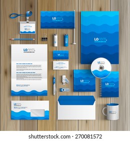 Sea blue corporate identity template design with waves. Business stationery