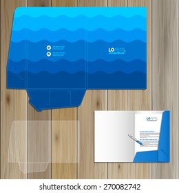 Sea blue folder template design for corporate identity with waves. Stationery set