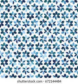 Sea blue, navy spot seamless pattern on white. Round triangle flower background. Abstract floral geometric texture for prints, textile, wrapping, fabric, package, cover, greeting card