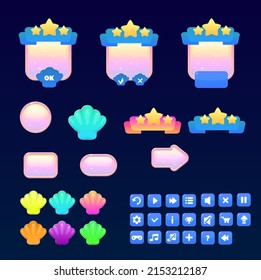 Sea Blue Pink Bubbles Shell Game UI Set Windows Buttons Items Vector Design