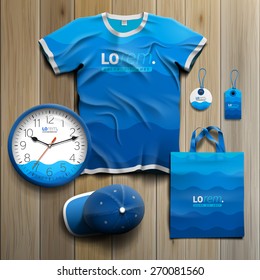 Sea blue promotional souvenirs design for corporate identity with waves. Stationery set