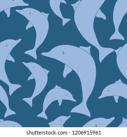 Sea blue seamless pattern with dolphins. Illustration.Ideal for cards, invitations, party, banners, baby shower, preschool and children room decoration. Sea life