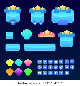 Sea Blue Shell Game UI Icons Buttons  Pop Up WindowsSet Vector Design