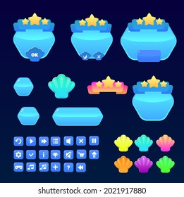 Sea Blue Shell Game UI Set Windows Buttons Items Vector Design