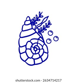 Sea blue shell with seaweed in hand drawn style. Doodle marine element