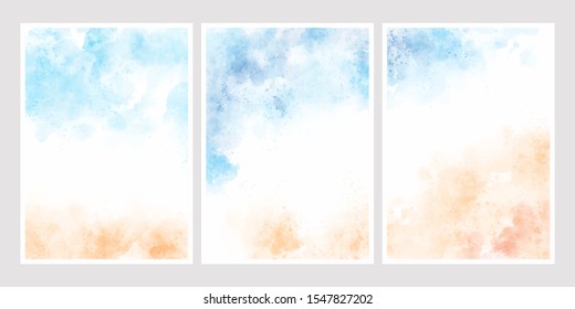 Sea Blue Sky And Sand Beach Watercolor Background For Wedding Invitation Card Template Collection 5x7 