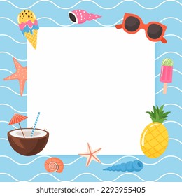 Sea blue square card template with place for text. Marine blank frame decorated with fruit, seashells, ice cream, sunglasses. Flat colorful vector illustration.