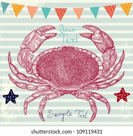 Sea blue striped illustration with crab