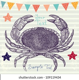 Sea blue striped illustration with crab