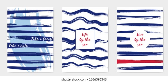 Sea Blue Sea Theme Poster Template. Ruby Grunge Lines Leaflet Template. Indigo Burgundy Grunge Art Cover Design. Blueish Blood Red Set of Vector Poster Template. On White Background