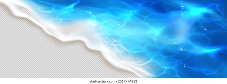 Sea blue water wave with white foam on beach. Realistic 3d vector illustration of corner border made from ocean tropical coast with aqua splash on transparent background for summer vacation design.