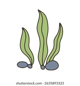 sea ​​plants, blue whales and various shells. cute illustration images