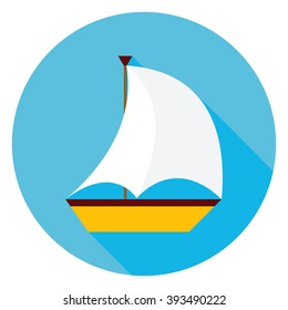Sea Boat Circle Icon. Flat Design Vector Illustration with Long Shadow. Summer Travel and Transportation Symbol.