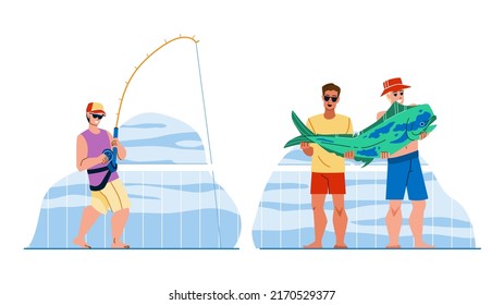 sea boat fishing vector. deep ocean, big fish, saltwater sport, rod yacht, reel trolling sea boat fishing character. people flat cartoon illustration