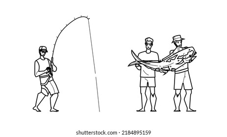 sea boat fishing vector. deep ocean, big fish, saltwater sport, rod yacht, reel trolling sea boat fishing character. people black line pencil drawing vector illustration