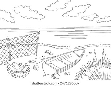 Sea boat graphic black white landscape sketch illustration vector 