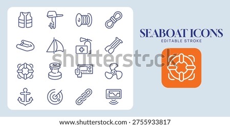 Sea Boat Icons. Editable Stroke. Set of thin line icons symbol collection.
