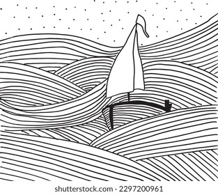 Sea with boat outline illustration image. 
Hand drawn image artwork of summer elements. 
Simple cute original logo of a monochrome sea.
Hand drawn vector illustration for posters, cards, t-shirts.