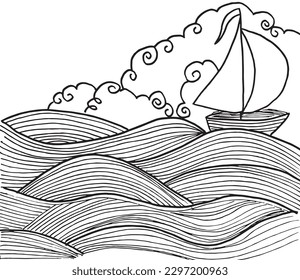 Sea with boat outline illustration image. 
Hand drawn image artwork of summer elements. 
Simple cute original logo of a monochrome sea.
Hand drawn vector illustration for posters, cards, t-shirts.