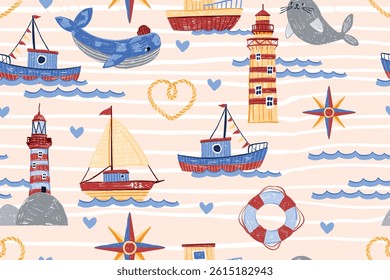 Sea boat seamless pattern, ship ocean kids texture, vector hand drawn nautical baby repeat print. Doodle yacht, lighthouse, cute whale, childish nursery linen textile cartoon background. Boat pattern