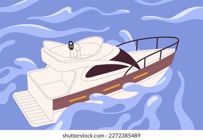 Sea boat, small yacht sailing in water. Cruise vessel, marine passenger transport for travel, tourism. Empty private ship, single deck ferry floating, swimming on waves. Flat vector illustration