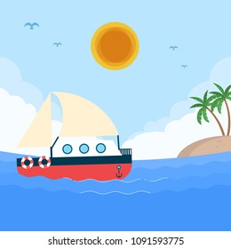 Sea Boat Sun Island Blue Sky Background Vector Image
