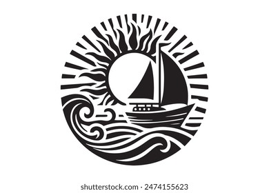 Sea boat and sun silhouette vector, sailing boat on the sea