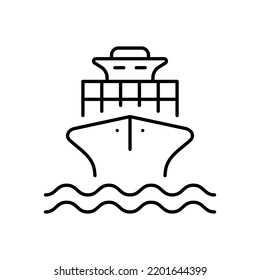 Sea Boat Vessel Line Icon. Freight Marine Container Delivery Linear Pictogram. Cargo Ship Delivery Black Outline Icon. Big Cruise Yacht Shipping. Editable Stroke. Isolated Vector Illustration.