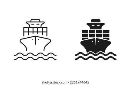 Sea Boat Vessel Silhouette and Line Icon Set. Freight Marine Container Delivery Pictogram. Cargo Ship Delivery Black Symbol. Big Cruise Yacht Shipping. Editable Stroke. Isolated Vector Illustration. svg